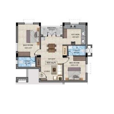 Floor plan of 2 BHK 930 Sq. Ft. Apartment in ARA Vinesh Enclave, Chennai