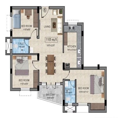 Floor plan of 3 BHK 1105 Sq. Ft. Apartment in ARA Vinesh Enclave, Chennai