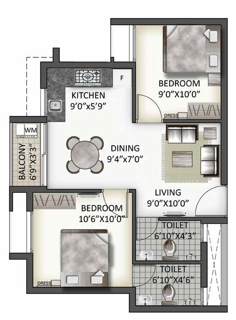 2 BHK 840 Sq. Ft. Apartment