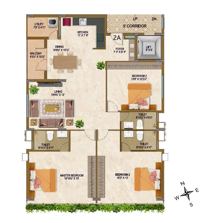 Floor plan of 3 BHK 1870 Sq. Ft. Apartment in ARC Noor Pearl, Chennai