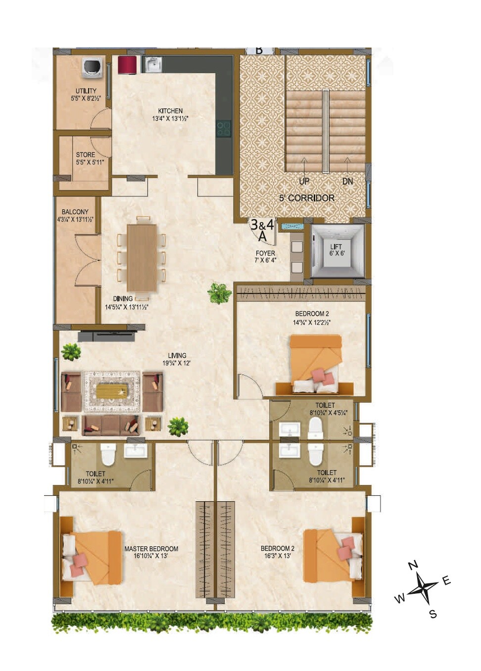 Floor plan of 3 BHK 2180 Sq. Ft. Apartment in ARC Noor Pearl, Chennai