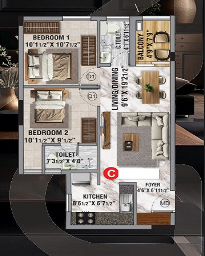 Floor plan of 2 BHK 1126 Sq. Ft. Apartment in ARC Vivenza, Chennai