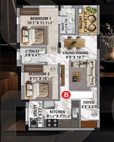 Floor plan of 2 BHK 1223 Sq. Ft. Apartment in ARC Vivenza, Chennai