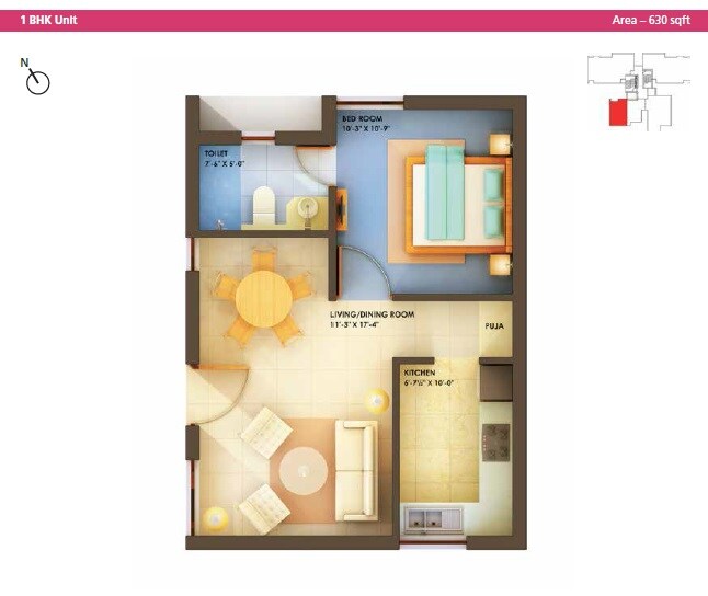 Floor plan of 1 BHK 630 Sq. Ft. Apartment in Arihant Chetna, Chennai