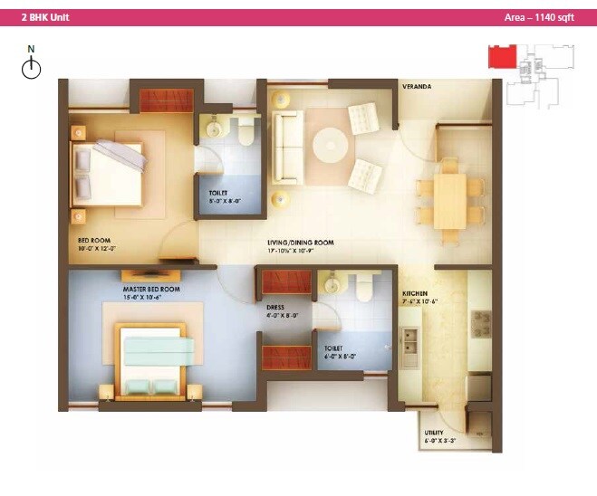 Floor plan of 2 BHK 1140 Sq. Ft. Apartment in Arihant Chetna, Chennai