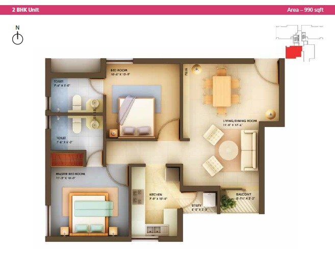 Floor plan of 2 BHK 990 Sq. Ft. Apartment in Arihant Chetna, Chennai