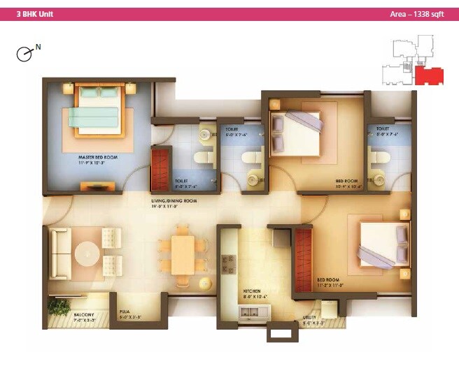 Floor plan of 3 BHK 1338 Sq. Ft. Apartment in Arihant Chetna, Chennai