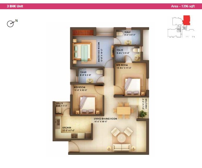 Floor plan of 3 BHK 1396 Sq. Ft. Apartment in Arihant Chetna, Chennai