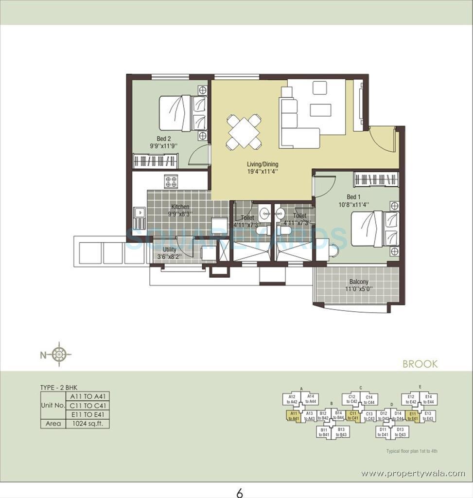 Floor plan of 2 BHK 1024 Sq. Ft. Apartment in Arihant Escapade, Chennai
