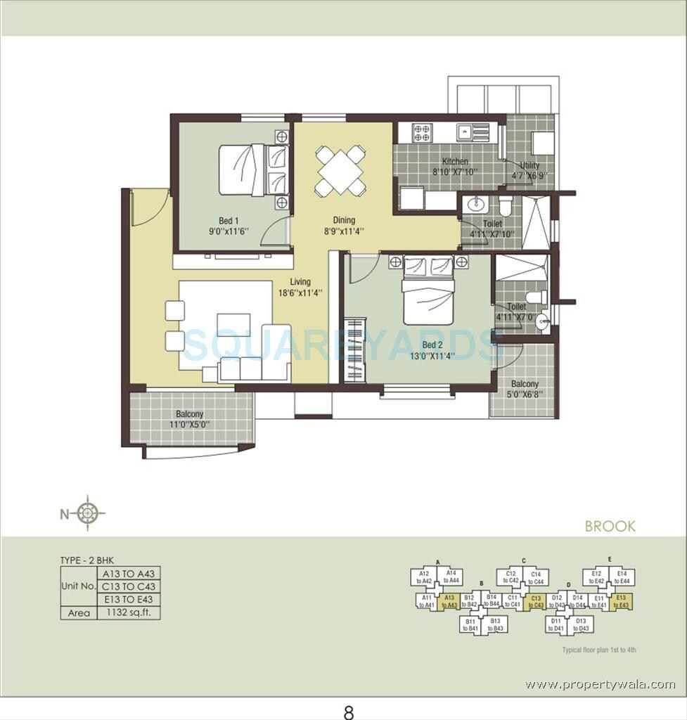 Floor plan of 2 BHK 1132 Sq. Ft. Apartment in Arihant Escapade, Chennai