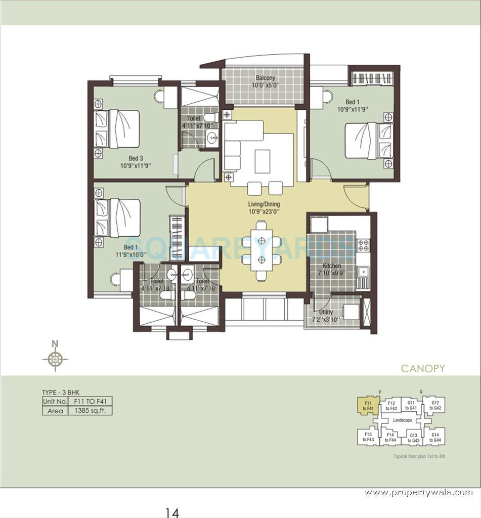 Floor plan of 3 BHK 1385 Sq. Ft. Apartment in Arihant Escapade, Chennai