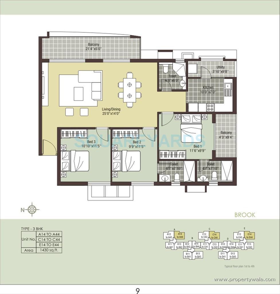 Floor plan of 3 BHK 1430 Sq. Ft. Apartment in Arihant Escapade, Chennai