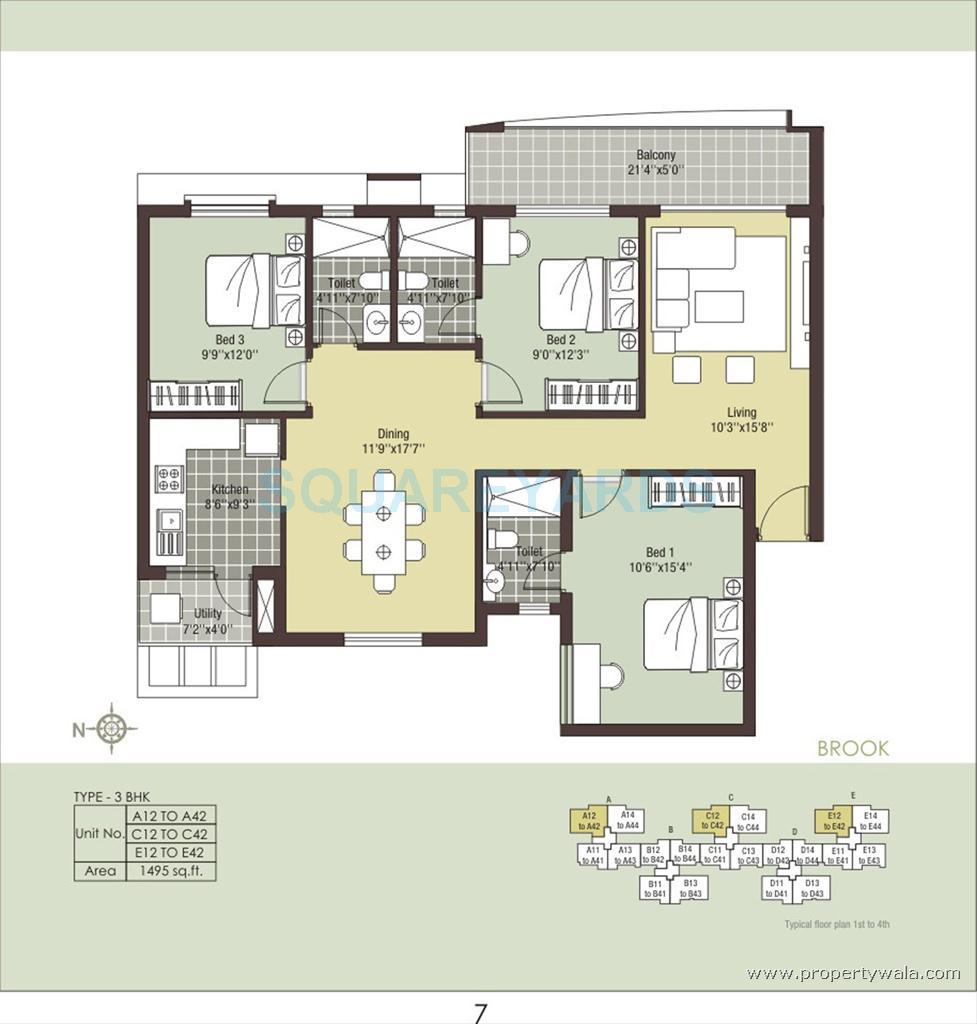 Floor plan of 3 BHK 1495 Sq. Ft. Apartment in Arihant Escapade, Chennai