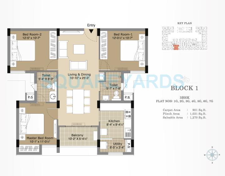 Floor plan of 3 BHK 1270 Sq. Ft. Apartment in Arihant Esta The One, Chennai