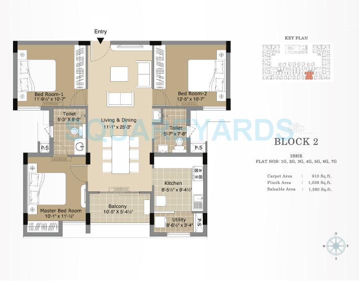 Floor plan of 3 BHK 1280 Sq. Ft. Apartment in Arihant Esta The One, Chennai