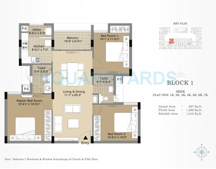 Floor plan of 3 BHK 1310 Sq. Ft. Apartment in Arihant Esta The One, Chennai
