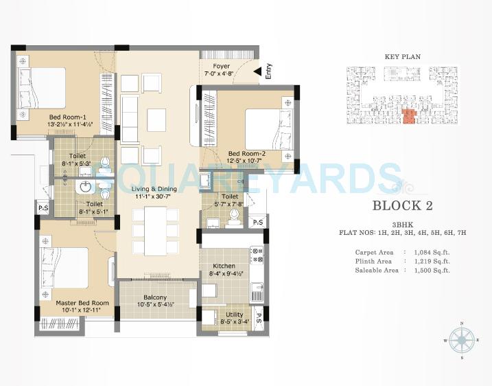 Floor plan of 3 BHK 1500 Sq. Ft. Apartment in Arihant Esta The One, Chennai