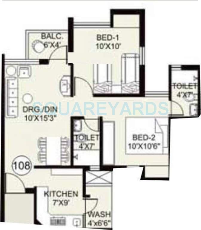 Floor plan of 2 BHK 765 Sq. Ft. Apartment in Arihant Frangipani, Chennai