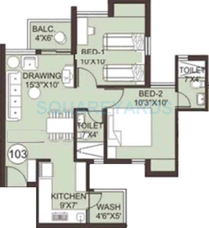 Floor plan of 2 BHK 780 Sq. Ft. Apartment in Arihant Frangipani, Chennai