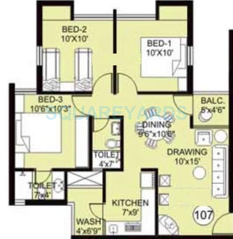 Floor plan of 3 BHK 985 Sq. Ft. Apartment in Arihant Frangipani, Chennai