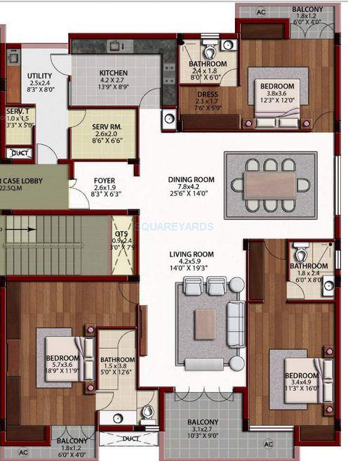 Floor plan of 3 BHK 2850 Sq. Ft. Apartment in Arihant Housing Jashn, Chennai