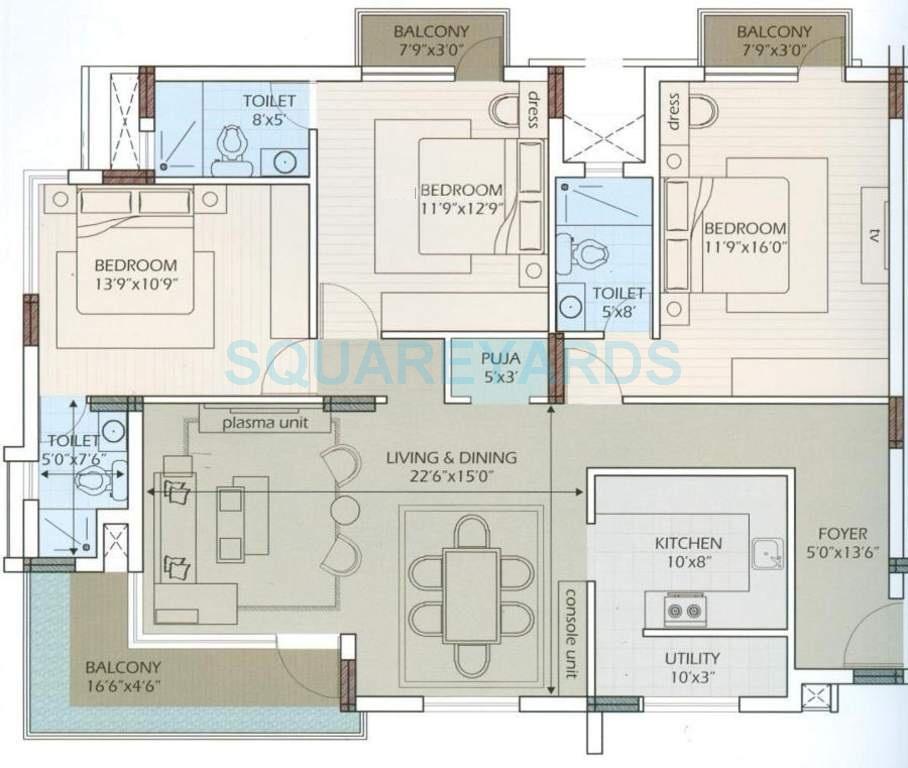 Floor plan of 3 BHK 1826 Sq. Ft. Apartment in Arihant Housing Panache, Chennai