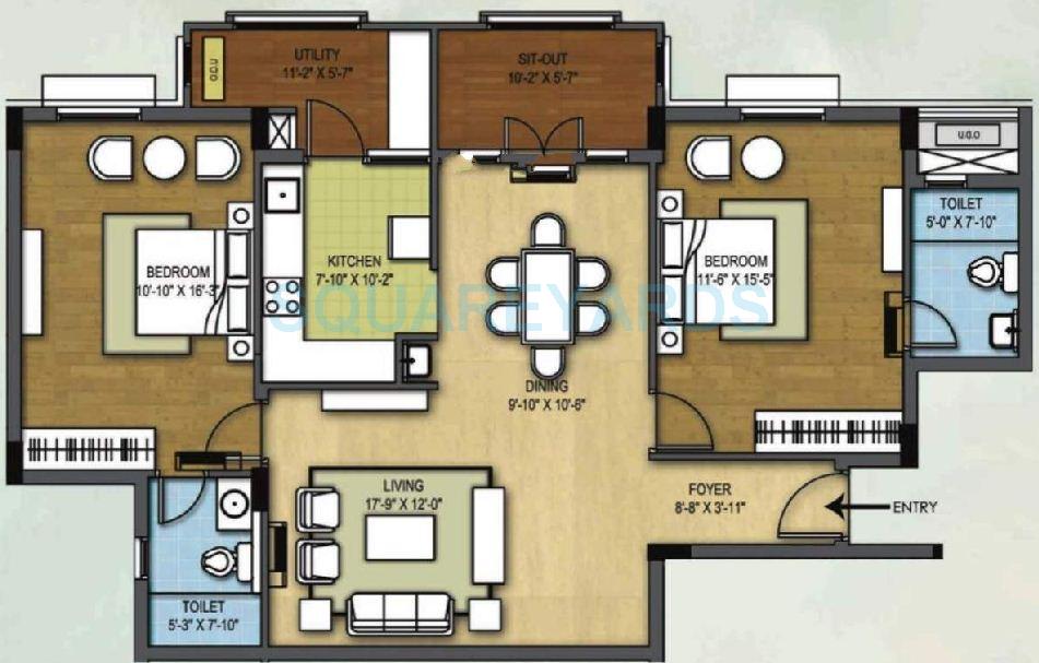 Floor plan of 2 BHK 1270 Sq. Ft. Apartment in Arihant Housing Tiara, Chennai