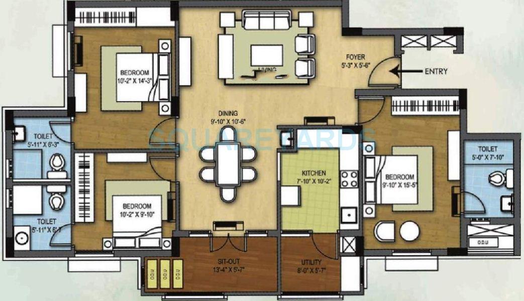 Floor plan of 3 BHK 1370 Sq. Ft. Apartment in Arihant Housing Tiara, Chennai