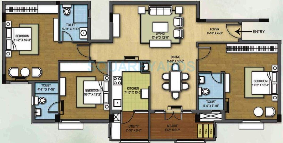 Floor plan of 3 BHK 1615 Sq. Ft. Apartment in Arihant Housing Tiara, Chennai