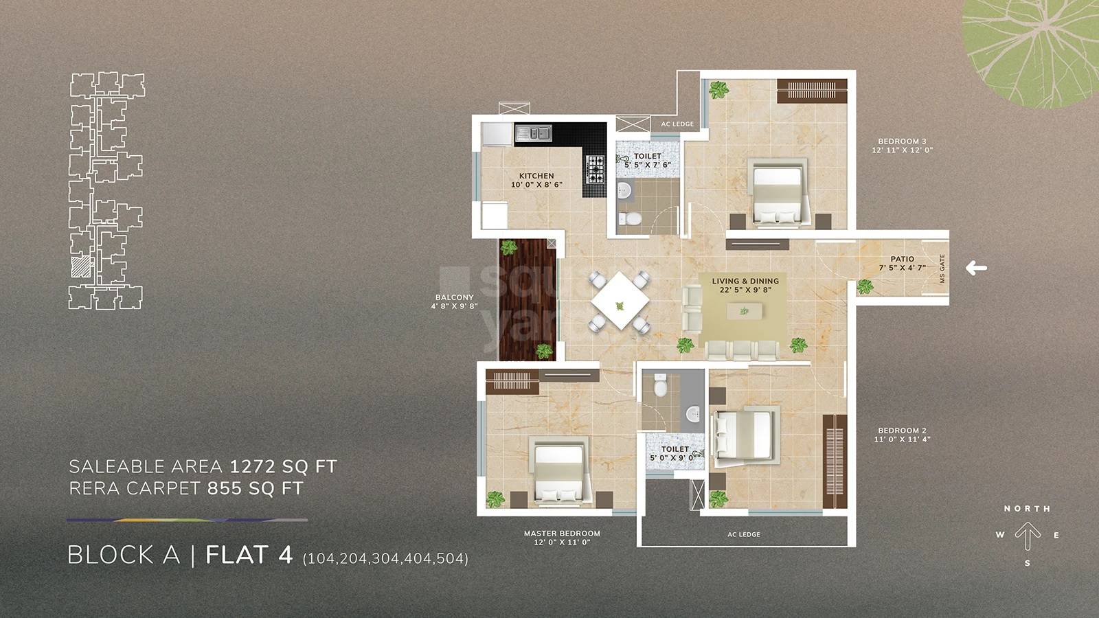 Floor plan of 3 BHK 1272 Sq. Ft. Apartment in Arihant Melange, Chennai