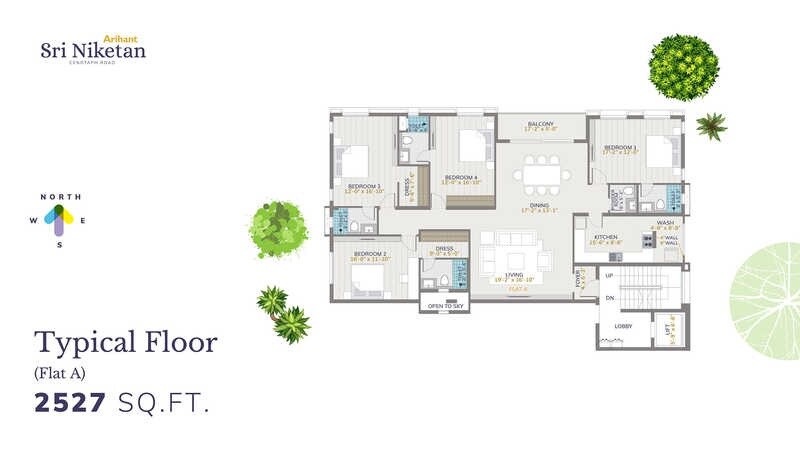 Floor plan of 4 BHK 2527 Sq. Ft. Apartment in Arihant Shri Niketan, Chennai