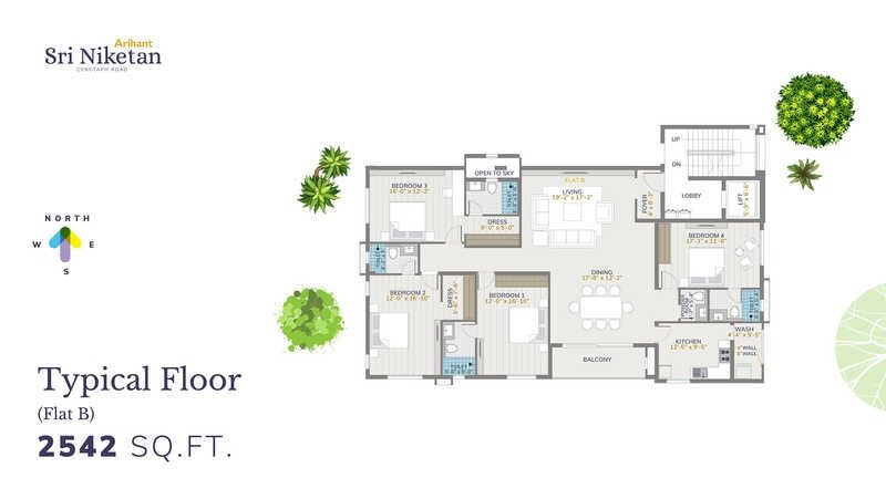 Floor plan of 4 BHK 2542 Sq. Ft. Apartment in Arihant Shri Niketan, Chennai