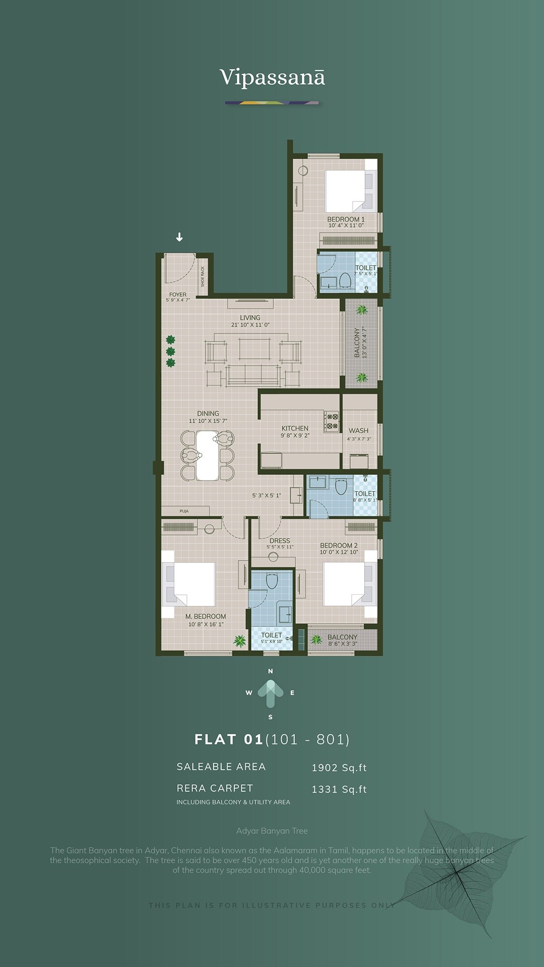 Floor plan of 3 BHK 1902 Sq. Ft. Apartment in Arihant Vipassana, Chennai