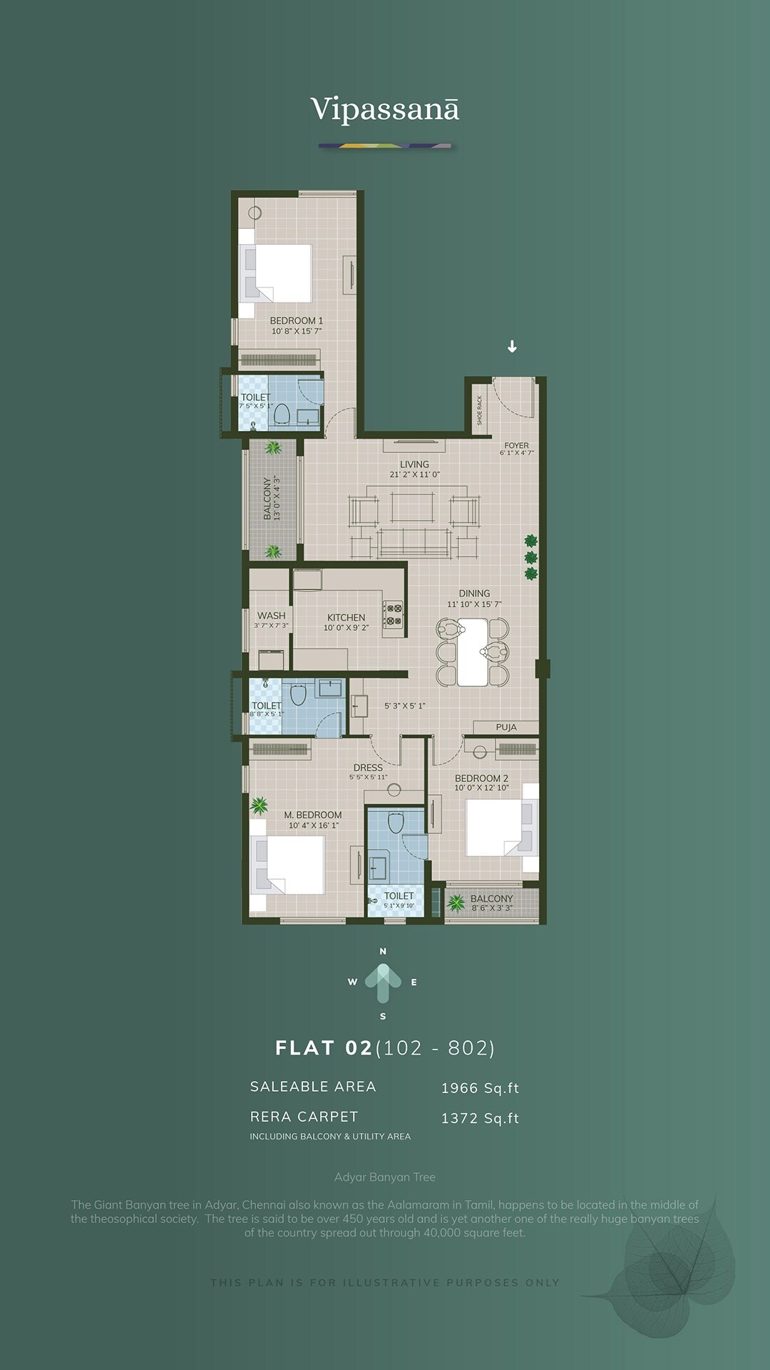 Floor plan of 3 BHK 1966 Sq. Ft. Apartment in Arihant Vipassana, Chennai