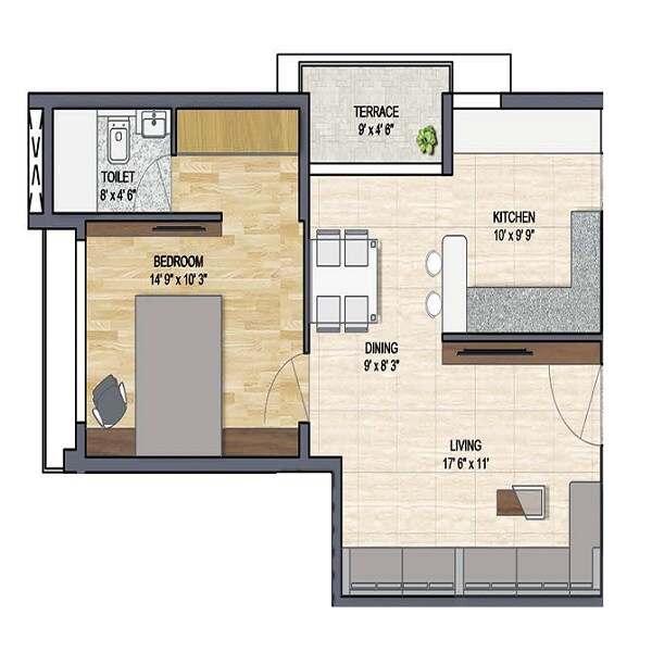 Floor plan of 1 BHK 836 Sq. Ft. Apartment in Ark Bliss, Chennai
