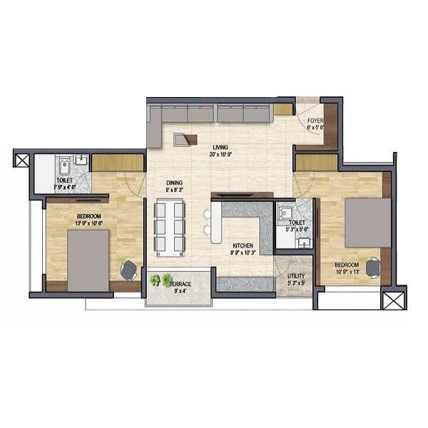Floor plan of 2 BHK 1111 Sq. Ft. Apartment in Ark Bliss, Chennai