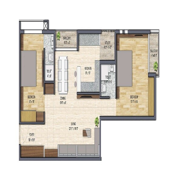 Floor plan of 2 BHK 1333 Sq. Ft. Apartment in Ark Bliss, Chennai