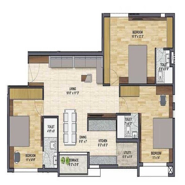 Floor plan of 3 BHK 1609 Sq. Ft. Apartment in Ark Bliss, Chennai
