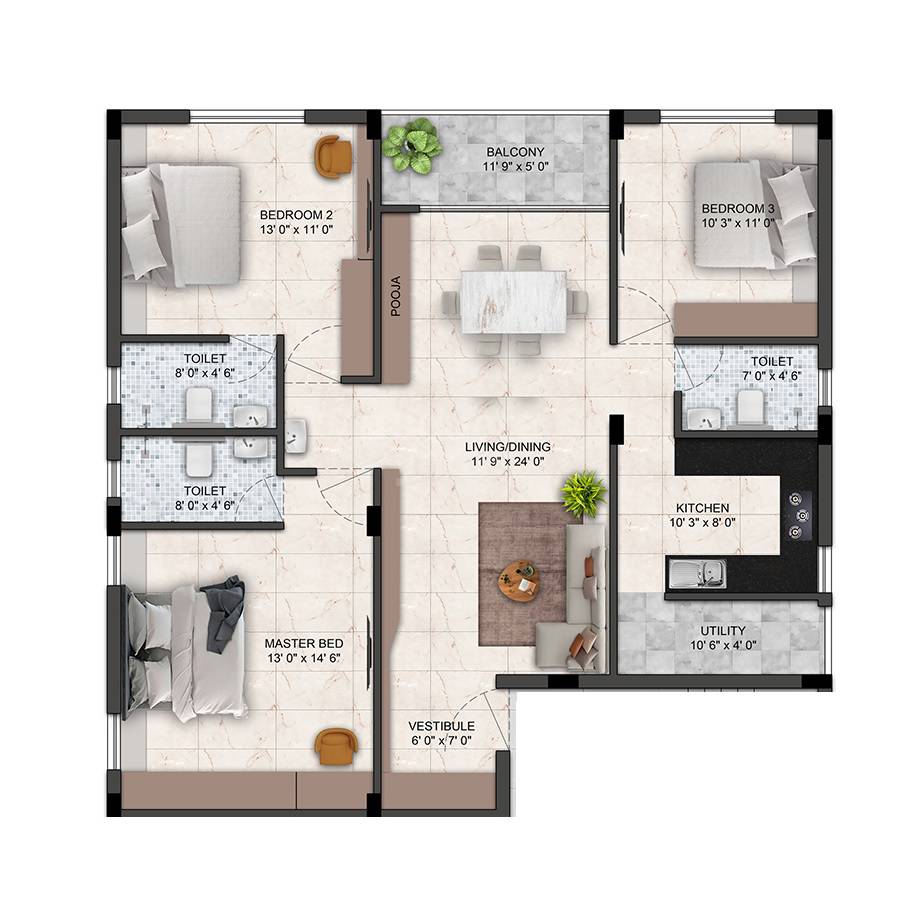 Floor plan of 3 BHK 1500 Sq. Ft. Apartment in ARK Kurinji Meadows, Chennai