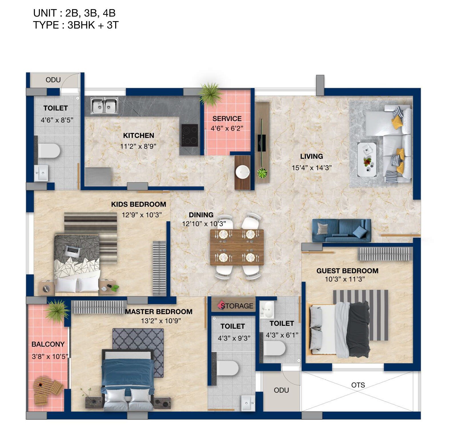 Floor plan of 3 BHK 1479 Sq. Ft. Apartment in Artis Prime, Chennai
