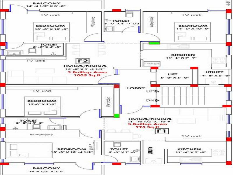 Floor plan of 2 BHK 995 Sq. Ft. Apartment in Arul Aarudraa, Chennai