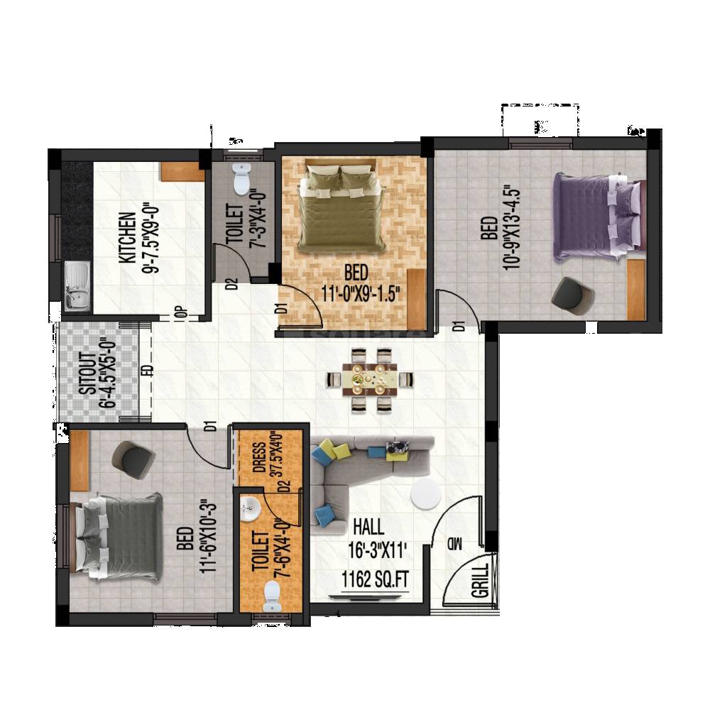 Floor plan of 3 BHK 1162 Sq. Ft. Apartment in Arul Chitra Apartments, Chennai