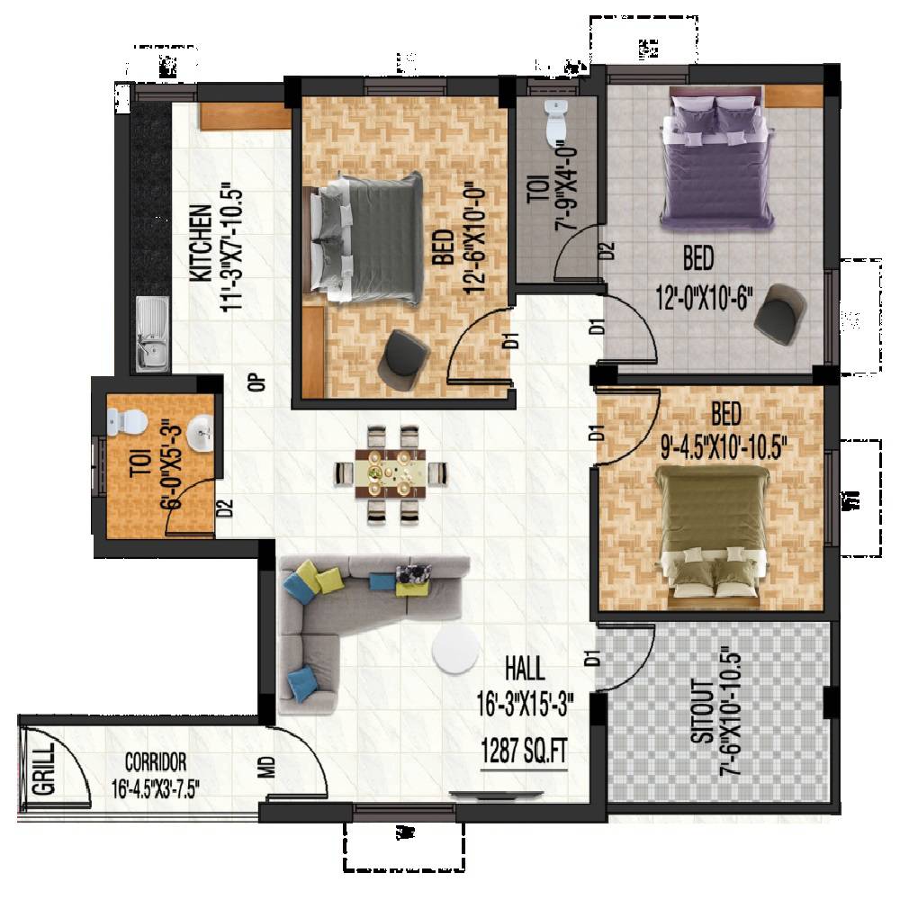 Floor plan of 3 BHK 1287 Sq. Ft. Apartment in Arul Chitra Apartments, Chennai