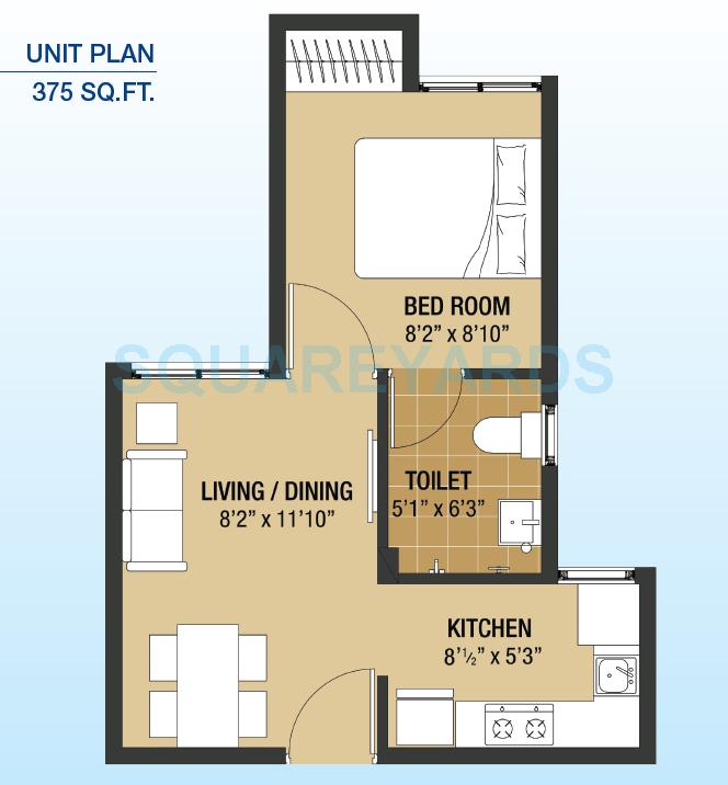 Floor plan of 1 BHK 375 Sq. Ft. Apartment in Arun Excello Compact Homes Vasanthaa, Chennai