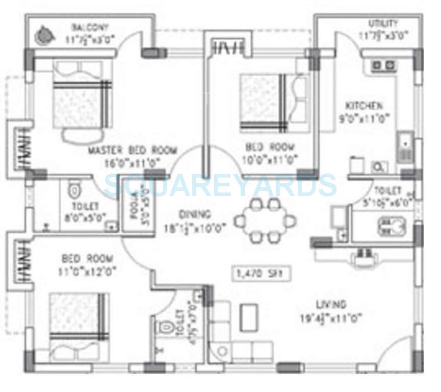 Floor plan of 3 BHK 1470 Sq. Ft. Apartment in Arun Excello Desh, Chennai