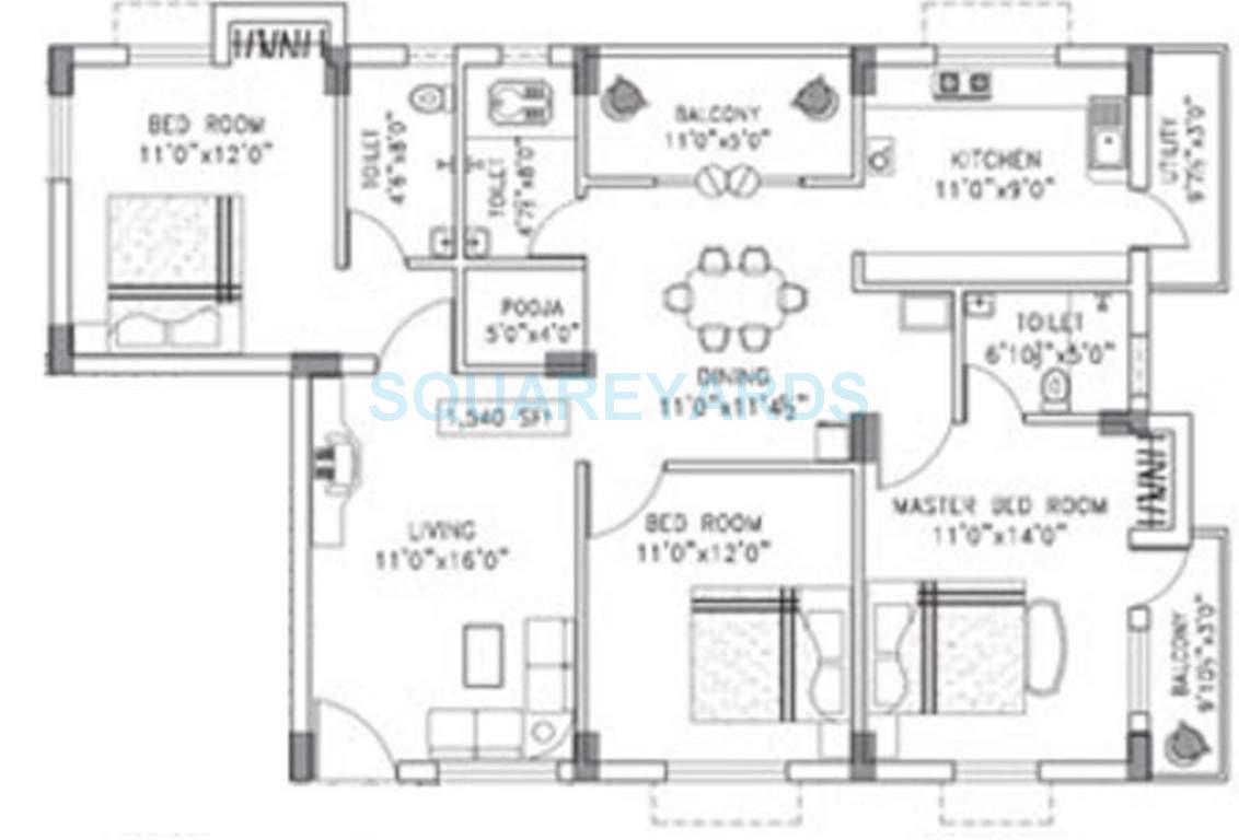 Floor plan of 3 BHK 1540 Sq. Ft. Apartment in Arun Excello Desh, Chennai