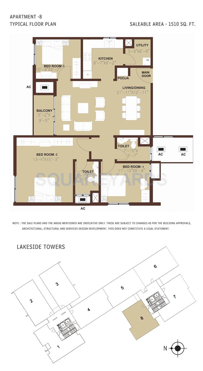Floor plan of 3 BHK 1510 Sq. Ft. Apartment in Arun Excello Estancia, Chennai