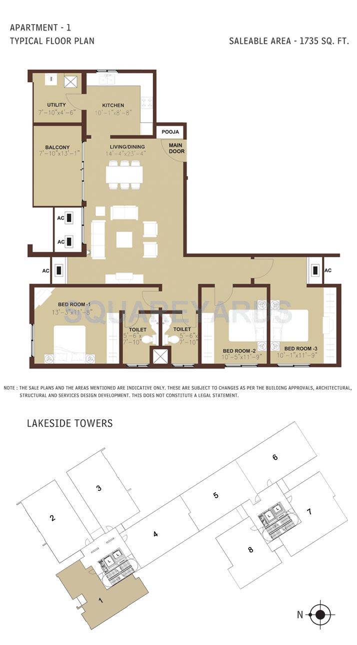 Floor plan of 3 BHK 1735 Sq. Ft. Apartment in Arun Excello Estancia, Chennai