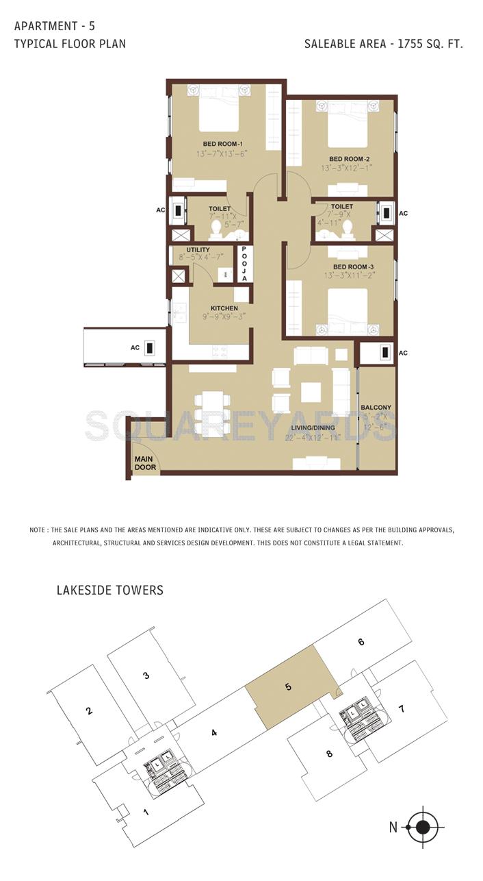 Floor plan of 3 BHK 1755 Sq. Ft. Apartment in Arun Excello Estancia, Chennai