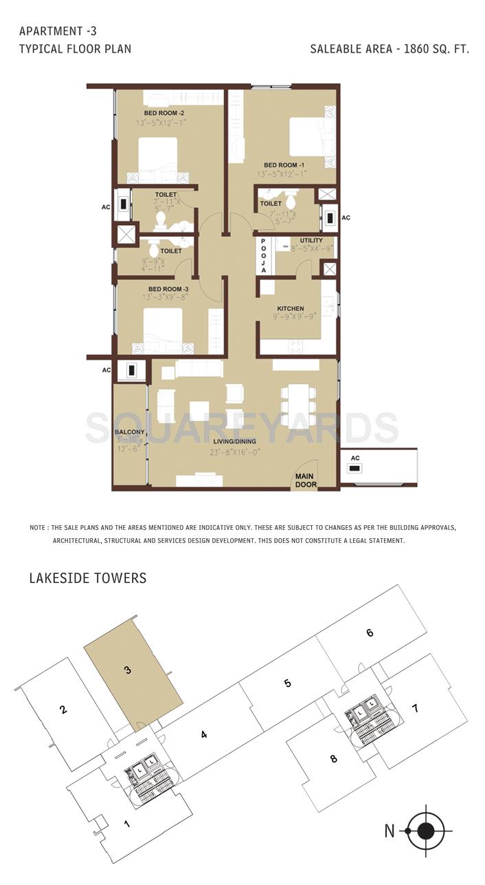 Floor plan of 3 BHK 1860 Sq. Ft. Apartment in Arun Excello Estancia, Chennai